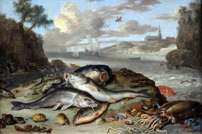 Natura morta con pesci e creature marine in un paesaggio costiero da Jan van Kessel the Elder
